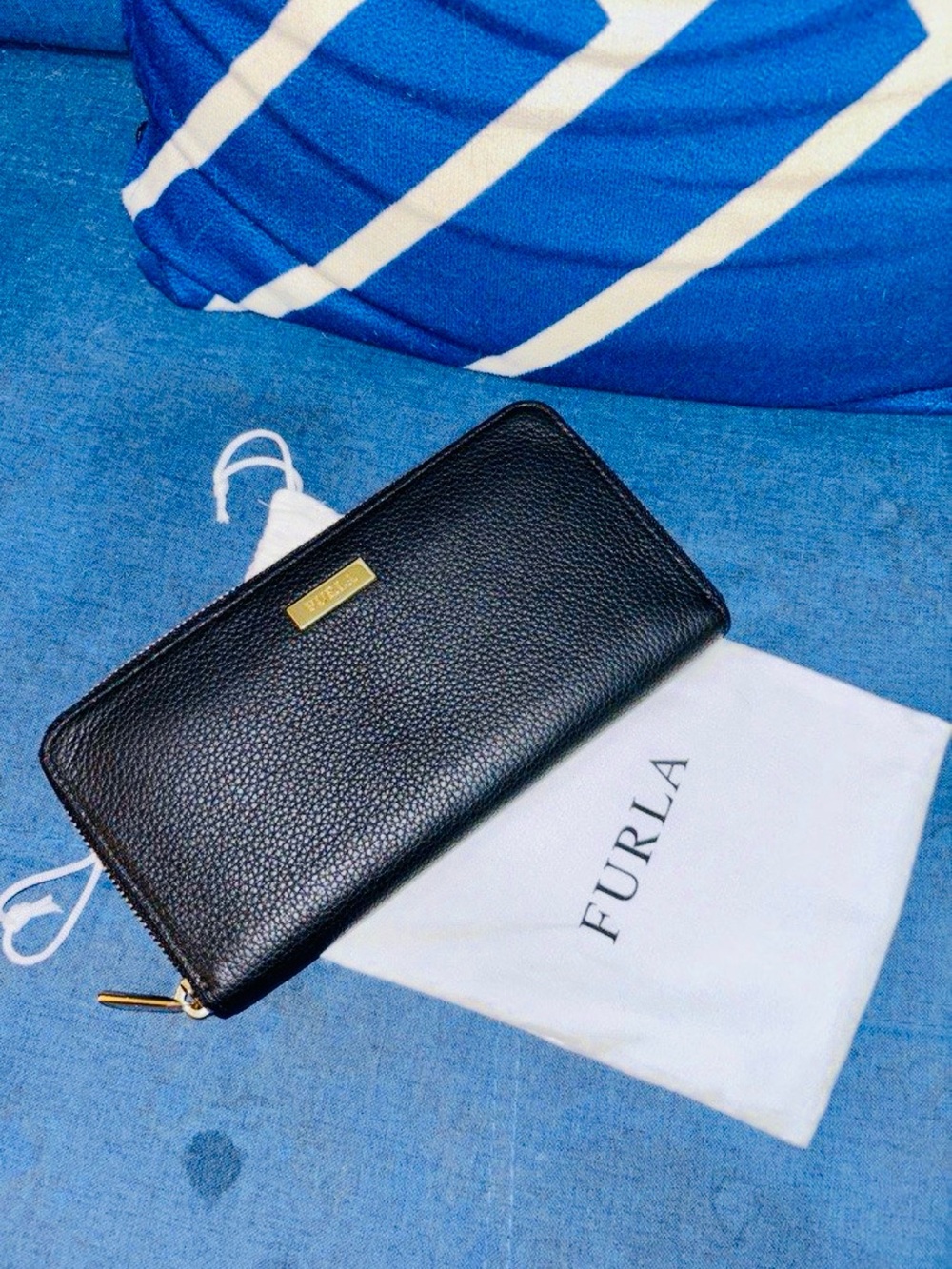 Furla Black Pebbled Leather Wallet with Gold Logo Plaque